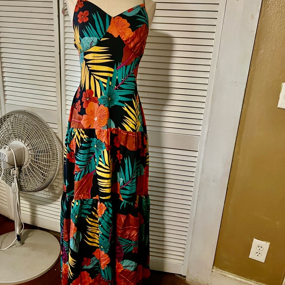 Tropical Floral Maxi Dress - Black with Orange & Teal Floral